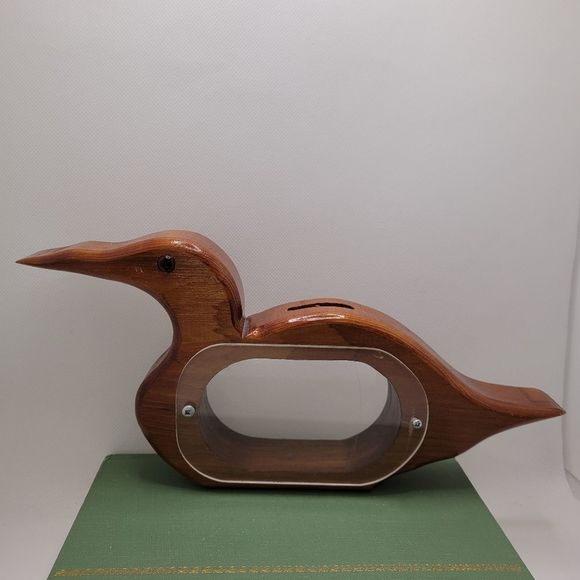 Wooden Carved Loon Coin Bank  Vintage Handmade w/ Acrylic Windows - Picture 9 of 9